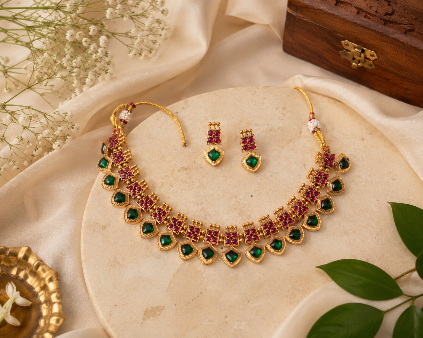 Green and Ruby Palakka Necklace Set
